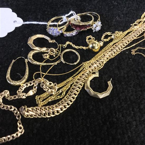 9ct gold chains , earrings & 4 gold rings